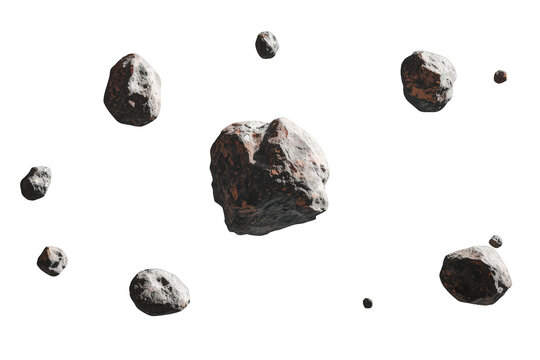Asteroid field floating in space, showing meteoroids and space rocks, cosmic debris on transparent background