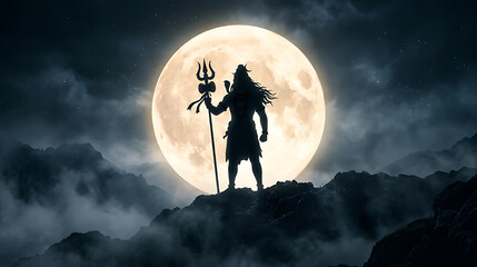 Fototapeta premium Mystical silhouette of a powerful god-like figure standing on rocky terrain beneath an illuminated full moon in a dramatic night