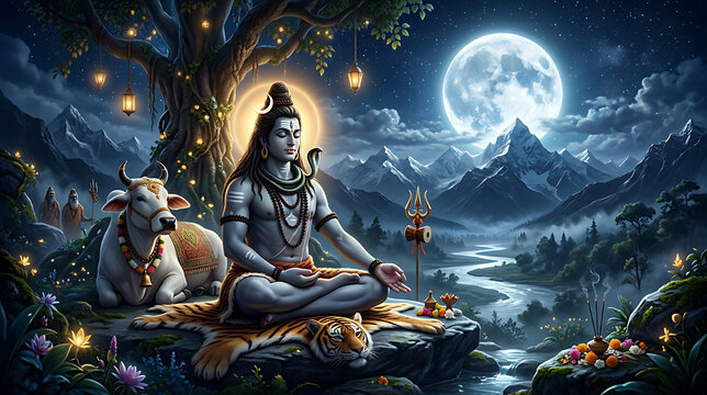Serene depiction of Lord Shiva meditating under a luminous full moon with sacred animals and a tranquil natural landscape
