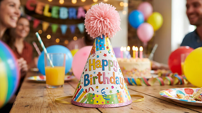 Festive birthday celebration with colorful decorations, cheerful party hats, and joyful guests enjoying a special occasion with
