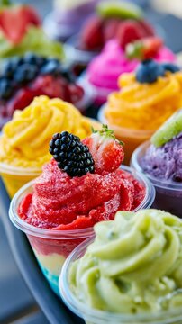 Vibrant colorful fruit sorbets in clear plastic cups topped with fresh berries, close-up view with shallow depth of field.