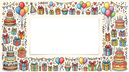 Fototapeta premium Festive celebration scene with colorful balloons, wrapped gifts, cakes, and party banners creating a joyful birthday atmosphere