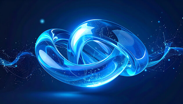 Abstract swirling blue glass torus knot with glowing particles and fluid wave elements, digital art for technology concepts