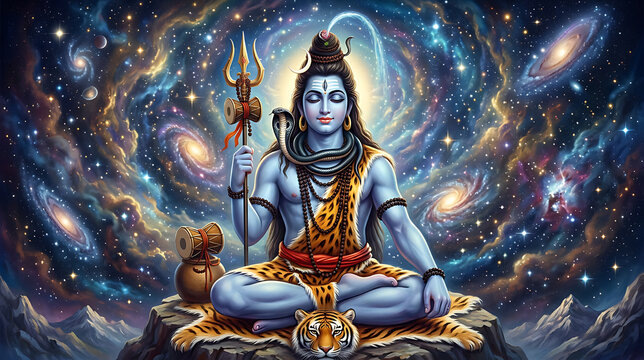 Serene cosmic depiction of Lord Shiva meditating amidst galaxies with tiger companion and celestial backdrop