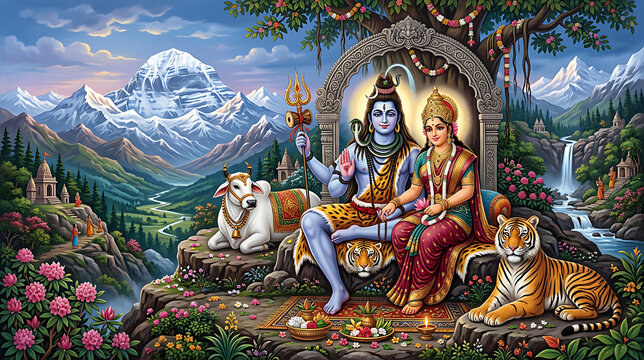 Divine Hindu Deities Lord Shiva and Parvati Resting in a Serene Mountain Landscape with Sacred Symbols and Nature Elements