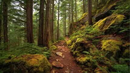 Fototapeta premium Pacific northwest forest trail winding through lush evergreen woodland with dense trees, moss covered path, serene natural landscape, scenic hiking destination, wilderness adventure, outdoor travel, a