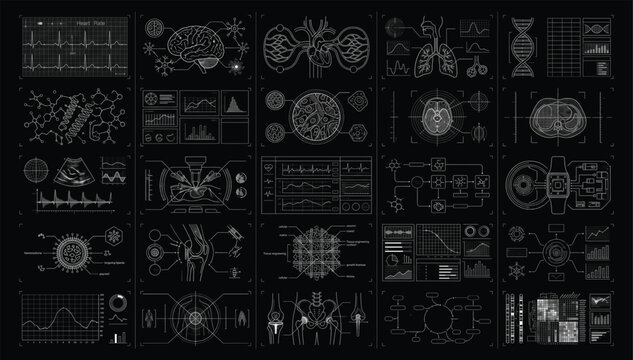 Medical diagnostic data interface vector set featuring biological systems and physiological analysis graphics diagnostic analysis physiology molecule research technology visualization