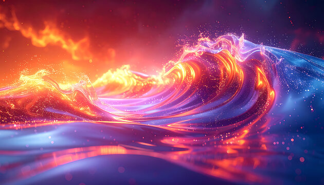 Abstract glowing wave with fiery orange clouds and sparkling blue particles, dynamic energy and motion
