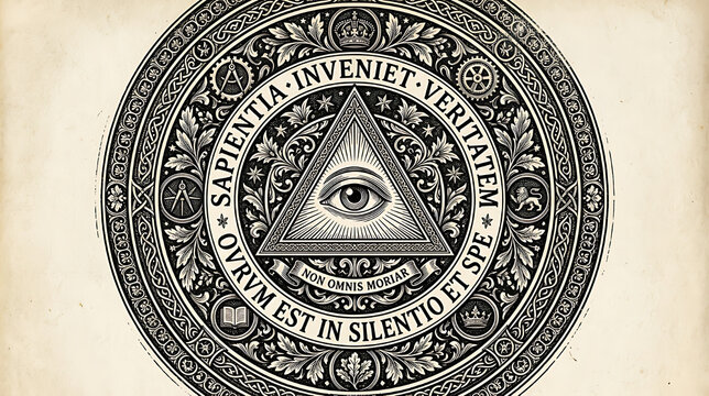Intricate mystical eye and pyramid symbol surrounded by ornate detailed pattern with Latin inscriptions emphasizing hidden