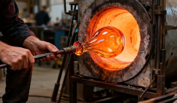 Photorealistic first-person view of a glassblower shaping molten glass using both hands in a traditional artisan workshop.