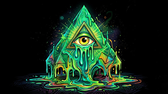 Vivid neon pyramid with mysterious eye symbol and melting effects evoking mystical and psychedelic art in a futuristic dark