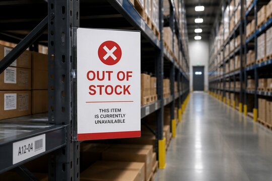 A storage area shows rows of boxes on shelves. A sign indicates that a specific item is out of stock. The place looks organized and well-lit.