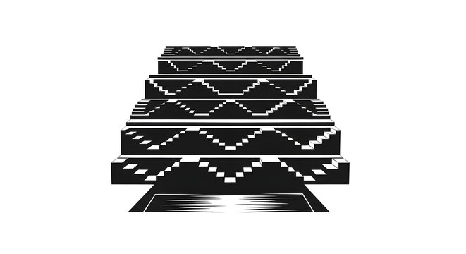 Minimalist black and white vector illustration of ancient Indian stepwell architecture featuring symmetrical zig-zag stairs leading down to a reflection pool on white background.