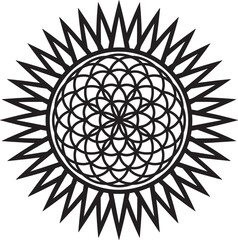 Fototapeta premium Black and white of a sun symbol with a geometric flower of life pattern inside and sharp rays on a white background