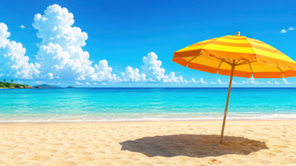 Fototapeta premium Generative AI illustration of tranquil beach setting with a vibrant yellow and orange umbrella against a backdrop of blue skies and fluffy clouds