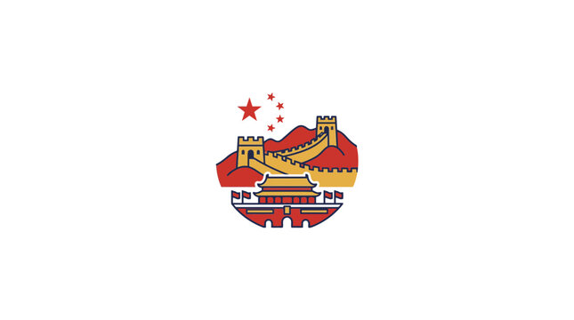 Stylized Great Wall of China Icon with Red Stars and Abstract Design