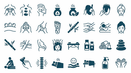 Obraz premium Set of 32 massage and spa wellness icons including hot stones, aromatherapy, reflexology, pregnancy massage, facial treatments, massage tables, and essential oil bottle symbols.