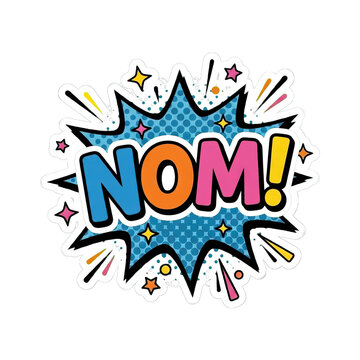 Comic Book Style "NOM!" Speech Bubble with Stars and Dots
