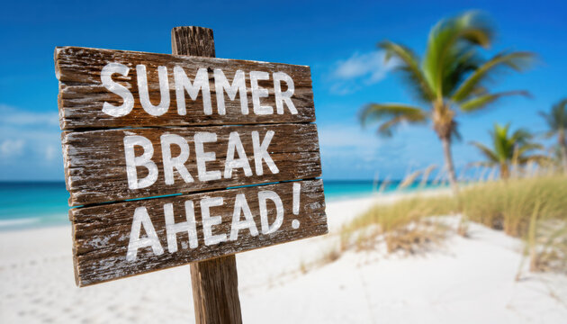 Rustic sign announcing summer break on sandy beach path, vacation vibes, End of school year