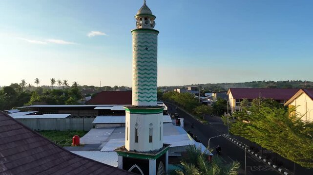 Aerial Drone View of Mosque Minaret in Indonesian Town