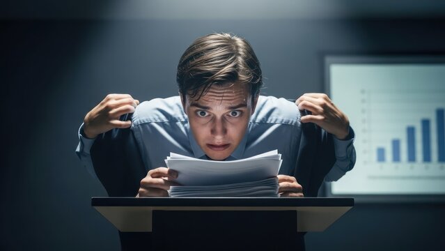Nervous speaker with papers on podium under spotlight, fear of public speaking
