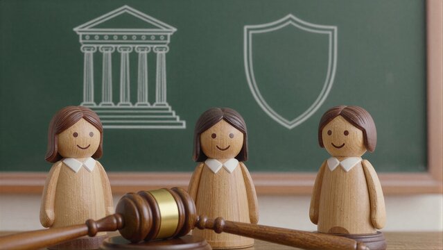 Wooden figures smile before chalkboard with courthouse and shield, symbolizing legal protection.