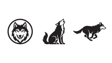 Set of Wolf Logos Featuring Howling Running and Frontal Head Silhouettes Vector Graphic © Taufik-DeGra