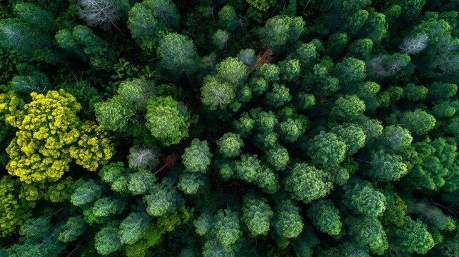 Trees in lush green forest viewed from above, dense woodland canopy with natural texture, aerial landscape of evergreen wilderness, scenic environmental background for nature, ecology, conservation, a