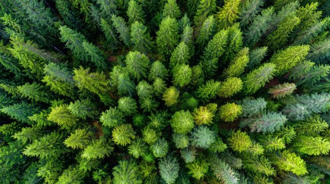 Trees in lush green forest viewed from above, dense woodland canopy with natural texture, aerial landscape of evergreen wilderness, scenic environmental background for nature, ecology, conservation, a