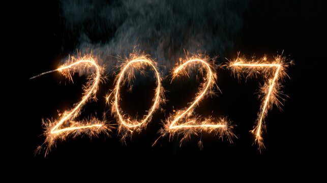 A golden sparkler traces the year 2027 in dark air as fireworks illuminate the night sky in a festive celebration atmosphere.