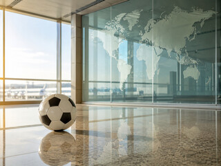 Soccer ball on a polished airport floor with an etched glass world map, combining sport, travel and global mobility.