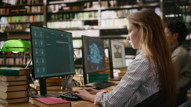 Young adult studying glowing AI brain interface on desktop monitor in library technology class with books and keyboards on desk for research and digital learning, IT computer lab setting.