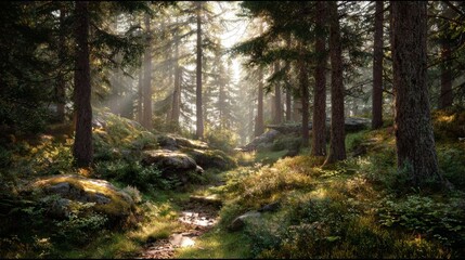 Fototapeta premium Early morning sunlight streaming through a peaceful forest woodland with warm golden rays illuminating lush trees, natural wilderness landscape, serene nature scenery, tranquil outdoor environment, fr