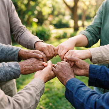Diverse group of people holding hands in circle outdoors, unity and connection concept.
