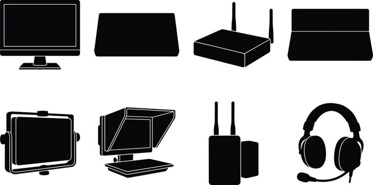 Professional Video Production Equipment Silhouette Collection Featuring Monitors, Teleprompter, Headset and Wireless Systems Vector Set