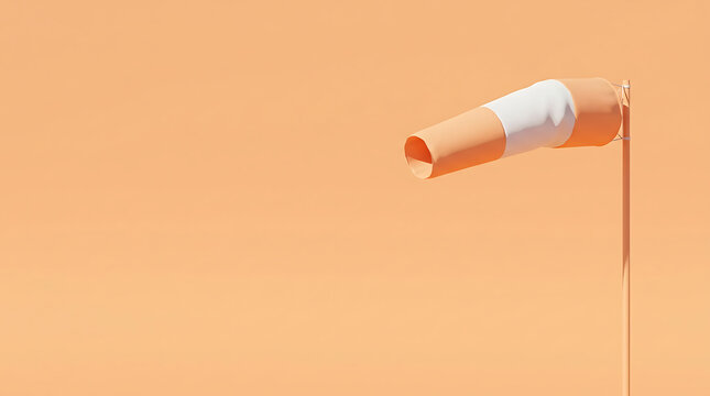 Minimalist 3D illustration of an orange and white windsock blowing in the wind against a plain orange background