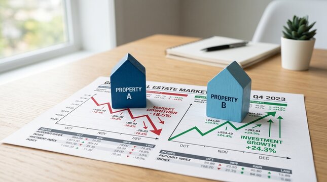 Wooden house models showing real estate market trends and property growth
