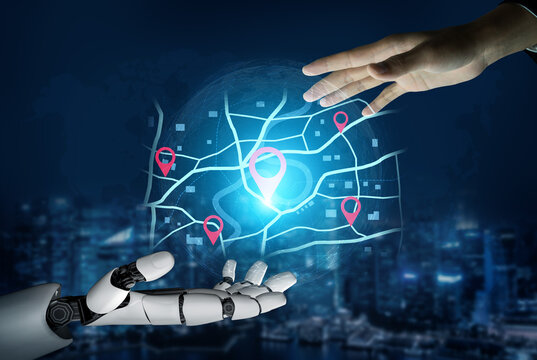 A smart AI assistant calculates the optimal delivery route using GPS navigation. This virtual system places location pins on a map to track a destination in real-time. Fermion
