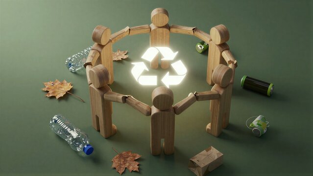Wooden figures surround glowing recycle symbol, surrounded by trash and leaves.