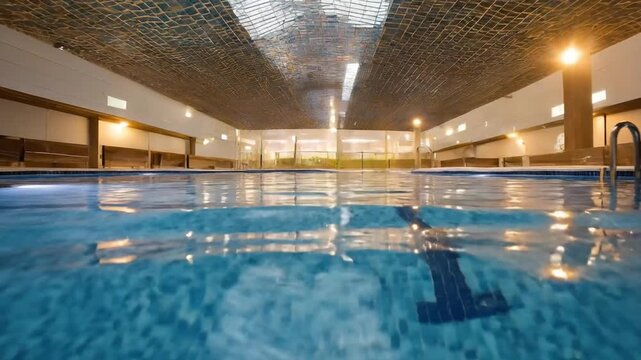 Empty indoor swimming pool with blue mosaic tiles and a unique grid ceiling illuminated at night