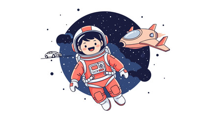 Fototapeta premium Cartoon Astronaut Floating In Space With Paper Airplane.