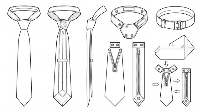 Technical Drawing of Zipper Necktie Fashion Flat Template Set with Front, Back, and Side Views for Apparel Design