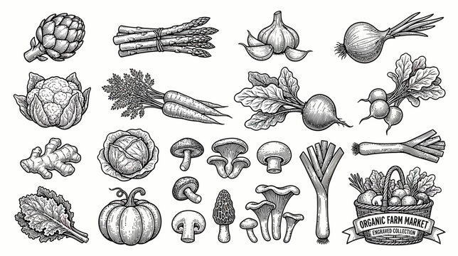 Hand-Drawn Assorted Fresh Vegetables and Mushrooms Collection