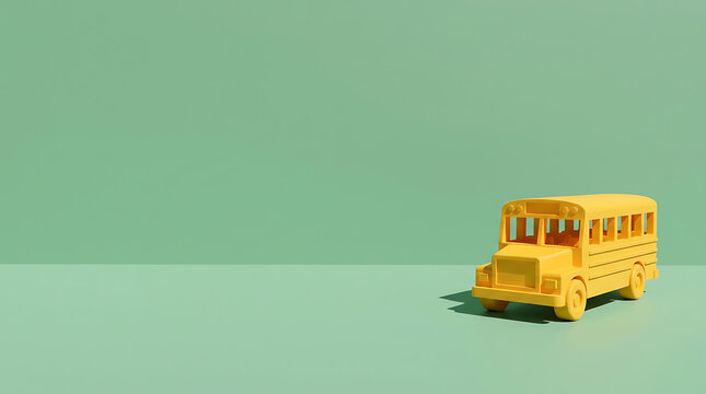 Minimalist Concept of a Yellow Toy School Bus on a Pastel Green Background for Education and Transport