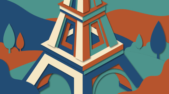 Papercut Style Eiffel Tower Layered Illustration