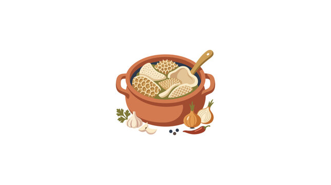Traditional Mexican Menudo Soup in Clay Pot with Ingredients