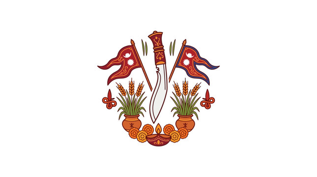 Traditional Nepalese Cultural Emblem with Flags and Khukuri Knife