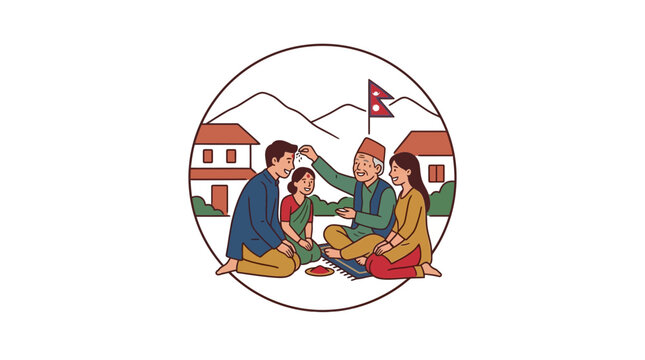 Traditional Nepalese Family Celebrating Dashain Festival Outdoors