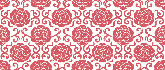Seamless floral pattern with pink roses and swirls, vintage damask motif, elegant textile design © grekngokolo