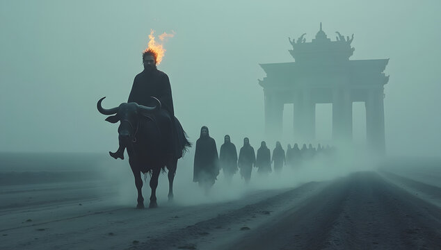 Yamaraja Riding Buffalo Leading Procession of Souls Across Ashen Plain